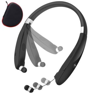bluetooth foldable headphones neckband wireless headset retractable earbuds hd stereo noise cancelling earphones with mic by cayoumi (call vibrate alert, 12 hours talktime, black)