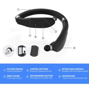 Bluetooth Foldable Headphones Neckband Wireless Headset Retractable Earbuds HD Stereo Noise Cancelling Earphones with Mic by CaYoumi (Call Vibrate Alert, 12 Hours Talktime, Black)