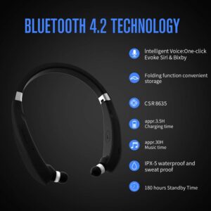 Bluetooth Foldable Headphones Neckband Wireless Headset Retractable Earbuds HD Stereo Noise Cancelling Earphones with Mic by CaYoumi (Call Vibrate Alert, 12 Hours Talktime, Black)