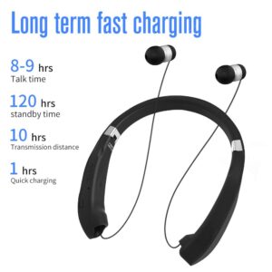 Bluetooth Foldable Headphones Neckband Wireless Headset Retractable Earbuds HD Stereo Noise Cancelling Earphones with Mic by CaYoumi (Call Vibrate Alert, 12 Hours Talktime, Black)