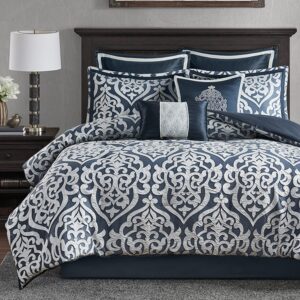 madison park odette cozy comforter set jacquard damask medallion design - modern all season, down alternative bedding, shams, decorative pillows, king(104 in x 92 in), navy 8 piece