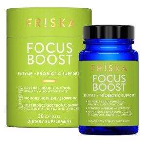 friska energy boost enzyme and probiotics supplement, promotes better digestion and energy for men and women, gut health, 30 capsules