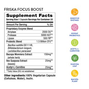 FRISKA Energy Boost Enzyme and Probiotics Supplement, Promotes Better Digestion and Energy for Men and Women, Gut Health, 30 Capsules