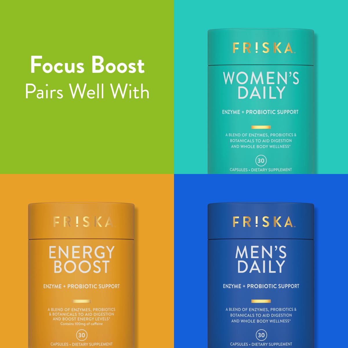 FRISKA Energy Boost Enzyme and Probiotics Supplement, Promotes Better Digestion and Energy for Men and Women, Gut Health, 30 Capsules