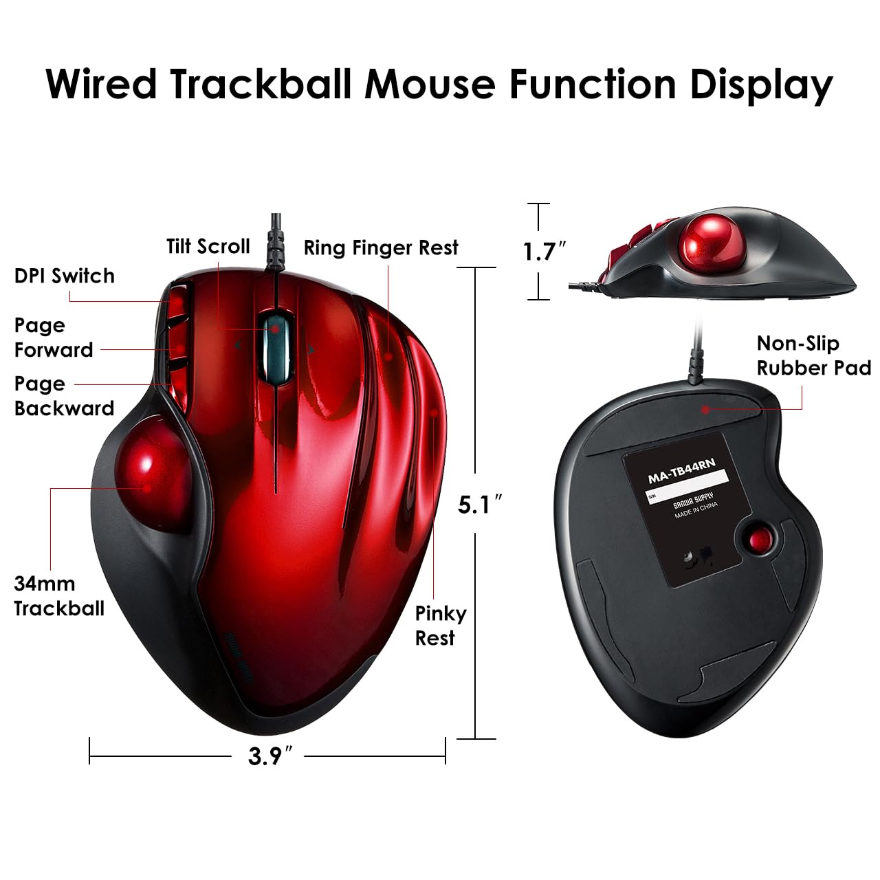 SANWA Wired Ergonomic Trackball Mouse, Computer Rollerball Mice, Laser Sensor, 34mm Trackball, 400/800/1200/1600 Adjustable DPI, 5 Buttons, Compatible with MacBook, Laptop, Windows, macOS, Chrome OS