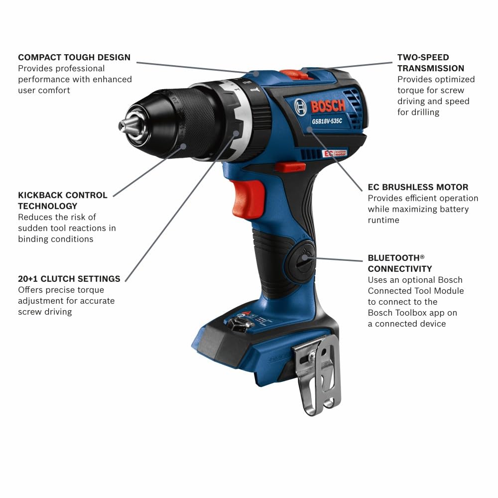 BOSCH GSB18V-535CN 18 V Ec Brushless Connected-Ready Compact Tough 1/2 In. Hammer Drill/driver (Bare Tool)