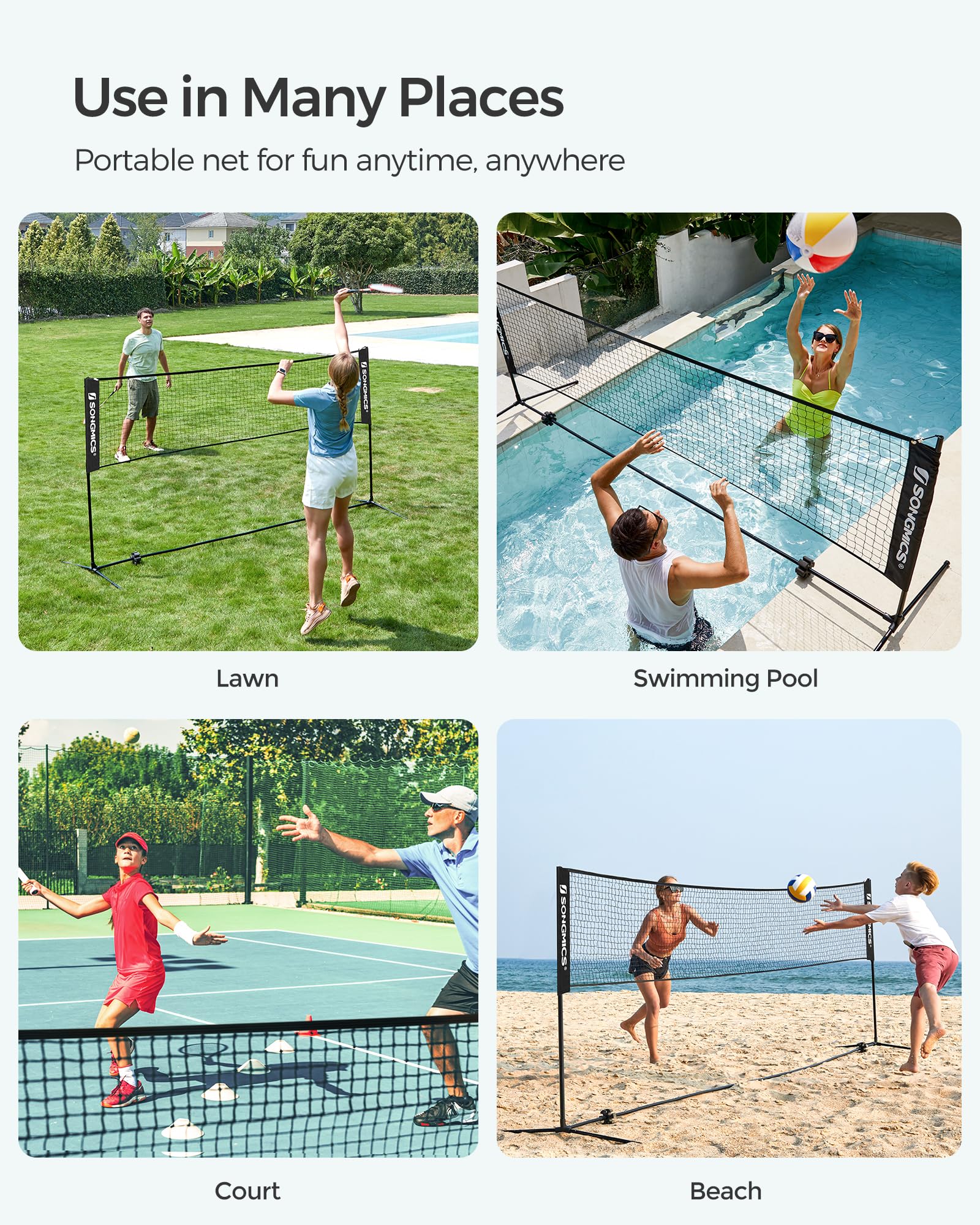 SONGMICS 10 ft Badminton Net, Height Adjustable Volleyball Net, Pickleball Net with Poles, Foldable Nylon Net for Tennis Indoor Outdoor Court, Black USYQ300HV1