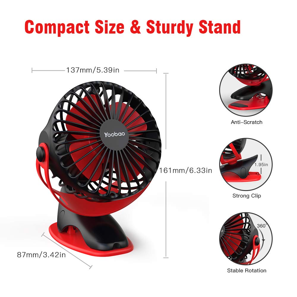 Yoobao Stroller Fan, Clip on Fan Personal Fan 6400mAh Battery Powered Fan Baby Fan Mini Portable Fan 4 Speed Rechargeable Fan Small Desk Fan 32 Hours for Car Seat Bedroom Office - Black