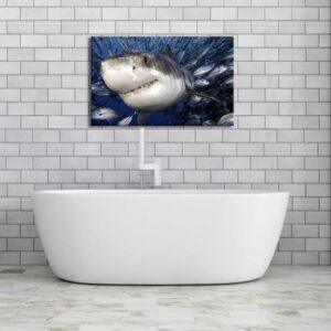 KLVOS Blue Ocean Wall Art Great White Shark Catching Fish Pictures Prints On Canvas Underwater Animal Painting Artwork Decor for Bathroom Bedroom Living Room Home Decoration16x24inch