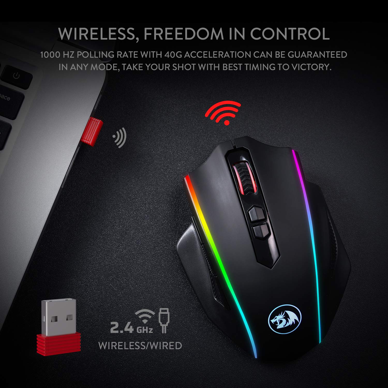 Redragon M686 Wireless Gaming Mouse, 16000 DPI Wired/Wireless Gamer Mouse with Professional Sensor, 45-Hour Durable Power Capacity, Customizable Macro and RGB Backlight for PC/Mac/Laptop