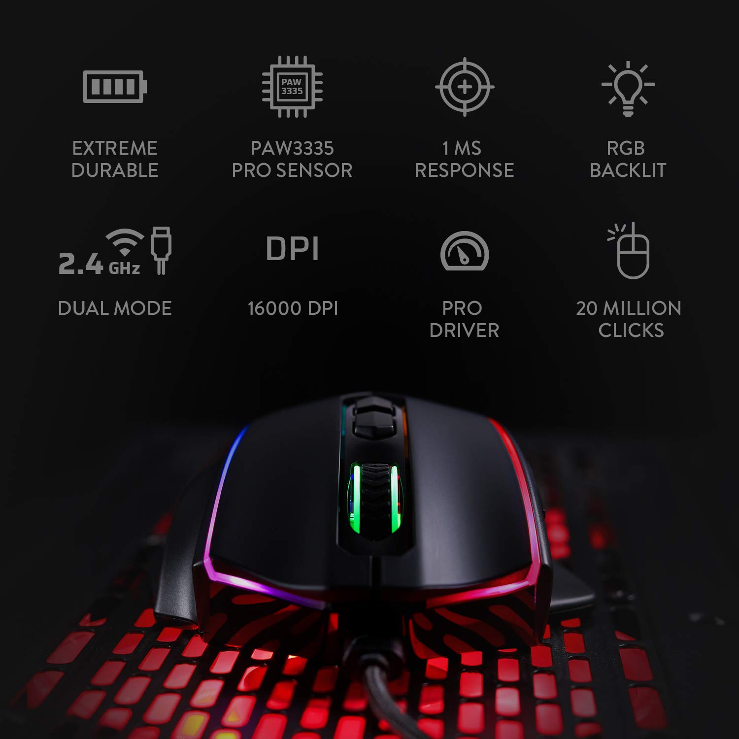 Redragon M686 Wireless Gaming Mouse, 16000 DPI Wired/Wireless Gamer Mouse with Professional Sensor, 45-Hour Durable Power Capacity, Customizable Macro and RGB Backlight for PC/Mac/Laptop