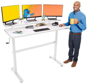 stand steady tranzendesk 55 inch standing desk with clamp-on shelf | crank height adjustable stand up workstation with attachable monitor riser | extra large sit stand desk hold 3 monitors (white)