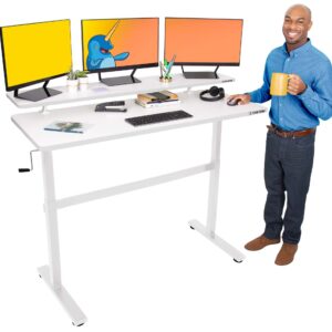 Stand Steady Tranzendesk 55 Inch Standing Desk with Clamp-On Shelf | Crank Height Adjustable Stand Up Workstation with Attachable Monitor Riser | Extra Large Sit Stand Desk Hold 3 Monitors (White)