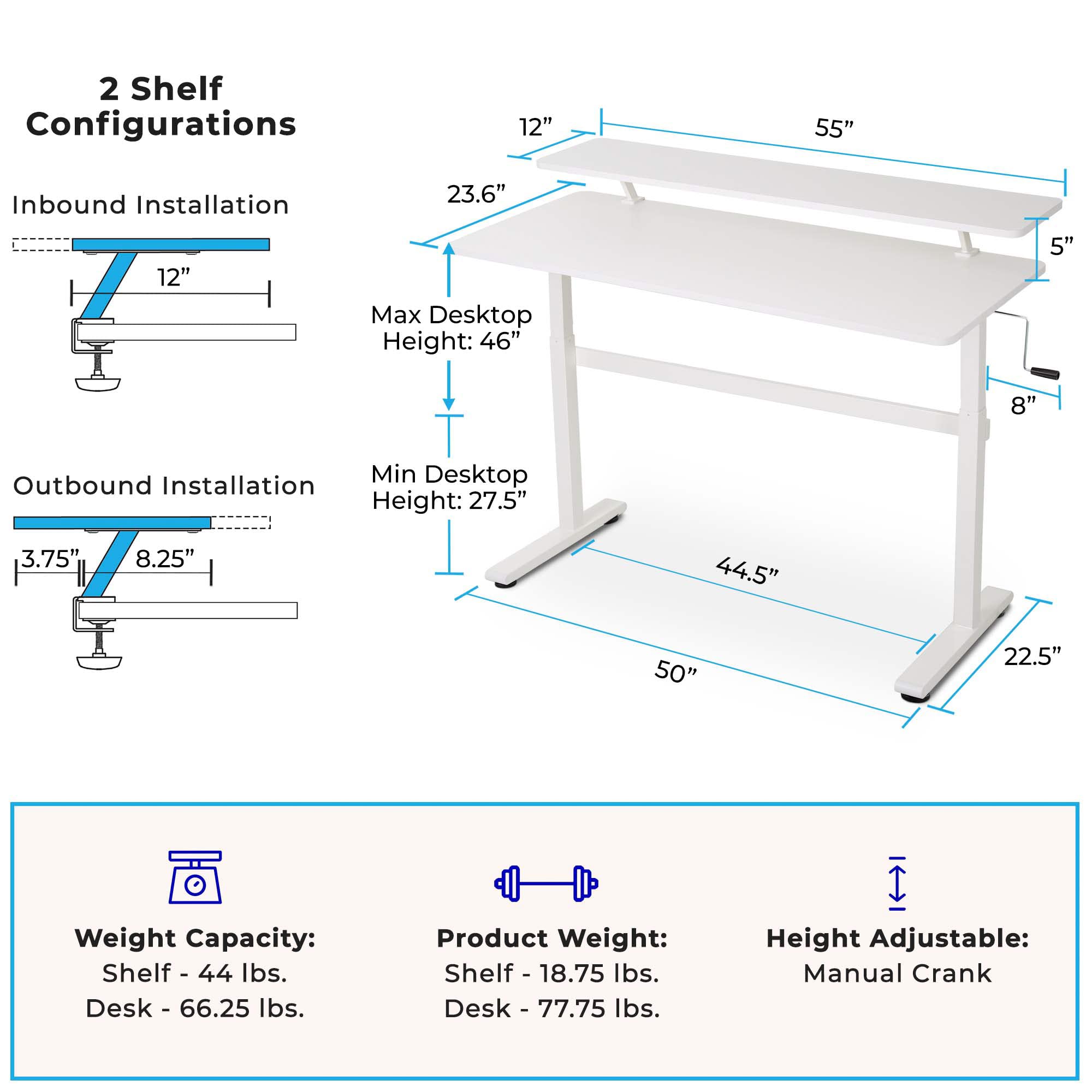 Stand Steady Tranzendesk 55 Inch Standing Desk with Clamp-On Shelf | Crank Height Adjustable Stand Up Workstation with Attachable Monitor Riser | Extra Large Sit Stand Desk Hold 3 Monitors (White)