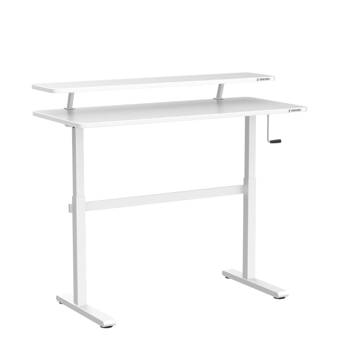 Stand Steady Tranzendesk 55 Inch Standing Desk with Clamp-On Shelf | Crank Height Adjustable Stand Up Workstation with Attachable Monitor Riser | Extra Large Sit Stand Desk Hold 3 Monitors (White)