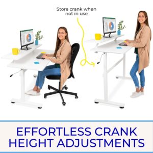 Stand Steady Tranzendesk 55 Inch Standing Desk with Clamp-On Shelf | Crank Height Adjustable Stand Up Workstation with Attachable Monitor Riser | Extra Large Sit Stand Desk Hold 3 Monitors (White)