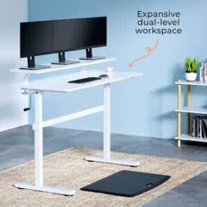 Stand Steady Tranzendesk 55 Inch Standing Desk with Clamp-On Shelf | Crank Height Adjustable Stand Up Workstation with Attachable Monitor Riser | Extra Large Sit Stand Desk Hold 3 Monitors (White)