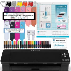 silhouette cameo 4 black bundle with vinyl starter kit, heat transfer starter kit, 2 autoblade-2, craftercuts vinyl tool kit, 120 designs, and access to ebooks, tutorials, classes.