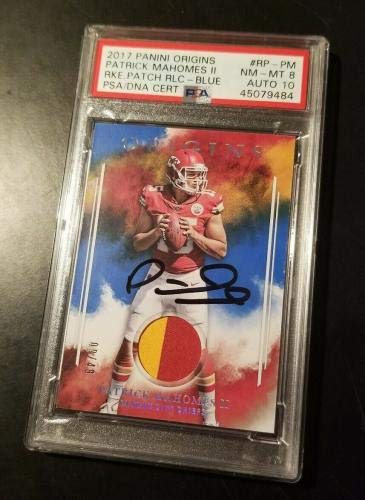 Patrick Mahomes 2017 Panini Origins Blue Jersey Relic RC PSA 8 AUTO 10 1/1 MVP - Football Autographed Game Used Cards