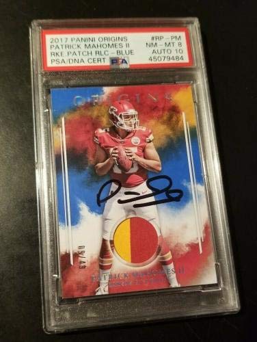 Patrick Mahomes 2017 Panini Origins Blue Jersey Relic RC PSA 8 AUTO 10 1/1 MVP - Football Autographed Game Used Cards