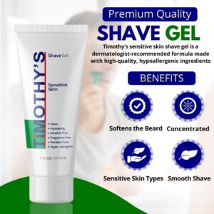 Timothy's Unscented Shave Gel, Two 3 ounce tubes, Alcohol Free, Paraben Free, Fragrance Free, SLS Free, Clear and Transparent, Slick and moisturizing