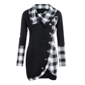 Women's Button Hoodie Sweatshirt Tunic Dress Pullover Cowl Neck Plaid Drawstring Tops(S-5XL)