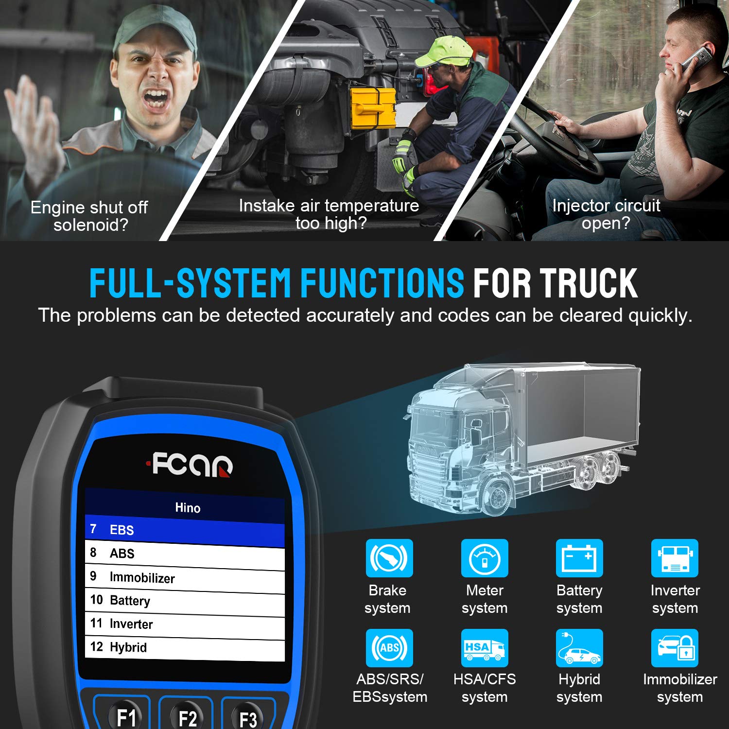 FCAR F506 Heavy Duty Truck Scanner Enhanced HD Diesel Scanner Full-Systems Diagnostic Tool with Engine/ABS/VCS/EBS/SRS/Suspension/Battery/Cluth Transmission Check Trucks & Cars 2 in 1 Codes Reader