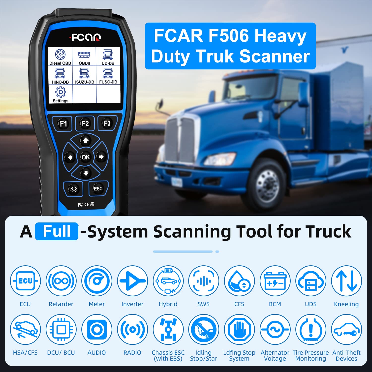 FCAR F506 Heavy Duty Truck Scanner Enhanced HD Diesel Scanner Full-Systems Diagnostic Tool with Engine/ABS/VCS/EBS/SRS/Suspension/Battery/Cluth Transmission Check Trucks & Cars 2 in 1 Codes Reader