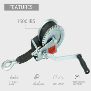 Fekuar Hand Winch with Hook & 20' Strap Hand Crank Use on Manual Trailer Boat Pull Tow (1500lbs)