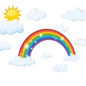 large sparkling rainbow wall decal 21.6 x43.7inch, rainbow cloud sun wall sticker, peel and stick removable rainbow with sun clouds wall stickers wall mural for kids nursery bedroom