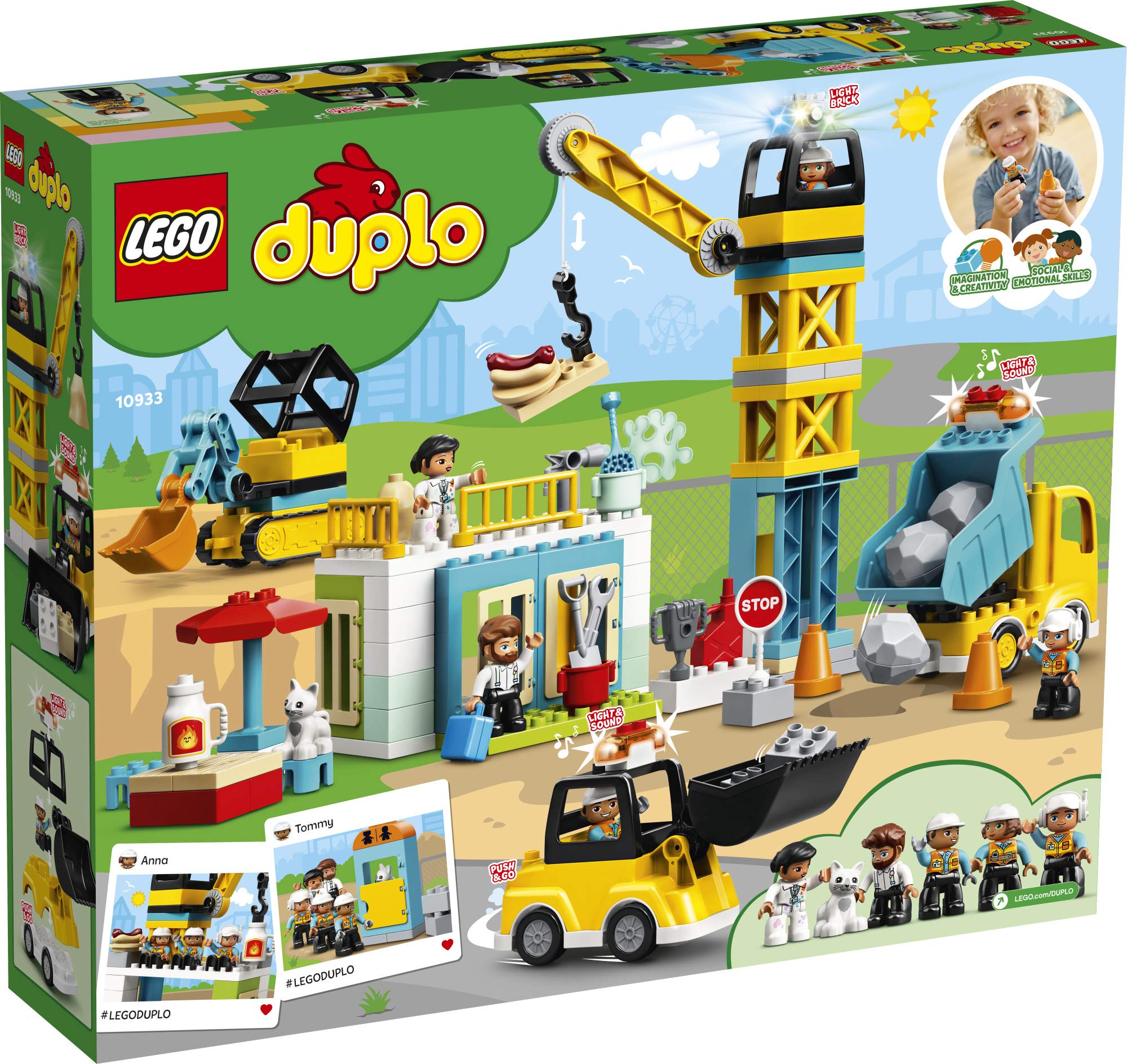 LEGO DUPLO Construction Tower Crane & Construction 10933 Creative Building Playset with Toy Vehicles; Build Fine Motor, Social and Emotional Skills; Gift for Toddlers (123 Pieces)