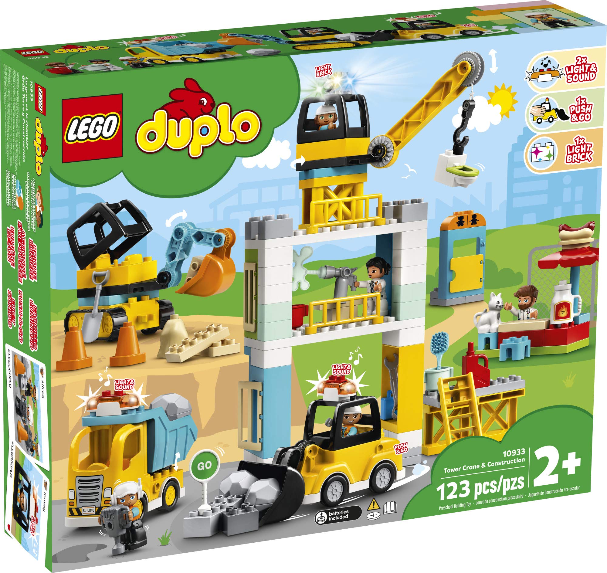 LEGO DUPLO Construction Tower Crane & Construction 10933 Creative Building Playset with Toy Vehicles; Build Fine Motor, Social and Emotional Skills; Gift for Toddlers (123 Pieces)