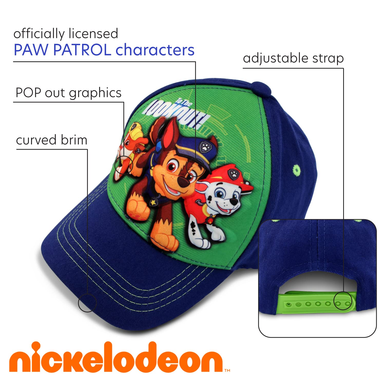 Nickelodeon Toddler Boys' Paw Patrol Baseball Cap - 3D Chase, Marshall, Rubble Curved Brim Snap Back Hat, Size 2-4T, Marshal Big Face