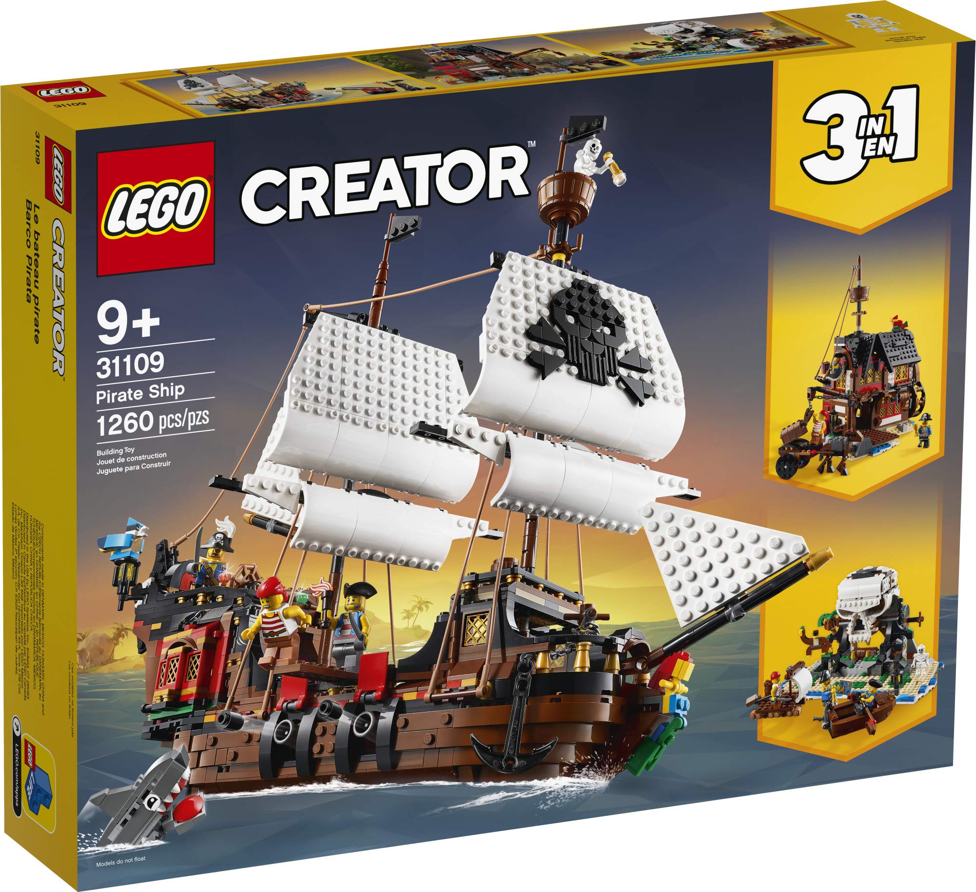 LEGO Creator 3 in 1 Pirate Ship Building Set, Kids can Rebuild The Pirate Ship into an Inn or Skull Island, Features 4 Minifigures and Shark Toy, Makes a Great Gift for Kids Ages 9+ Years Old, 31109