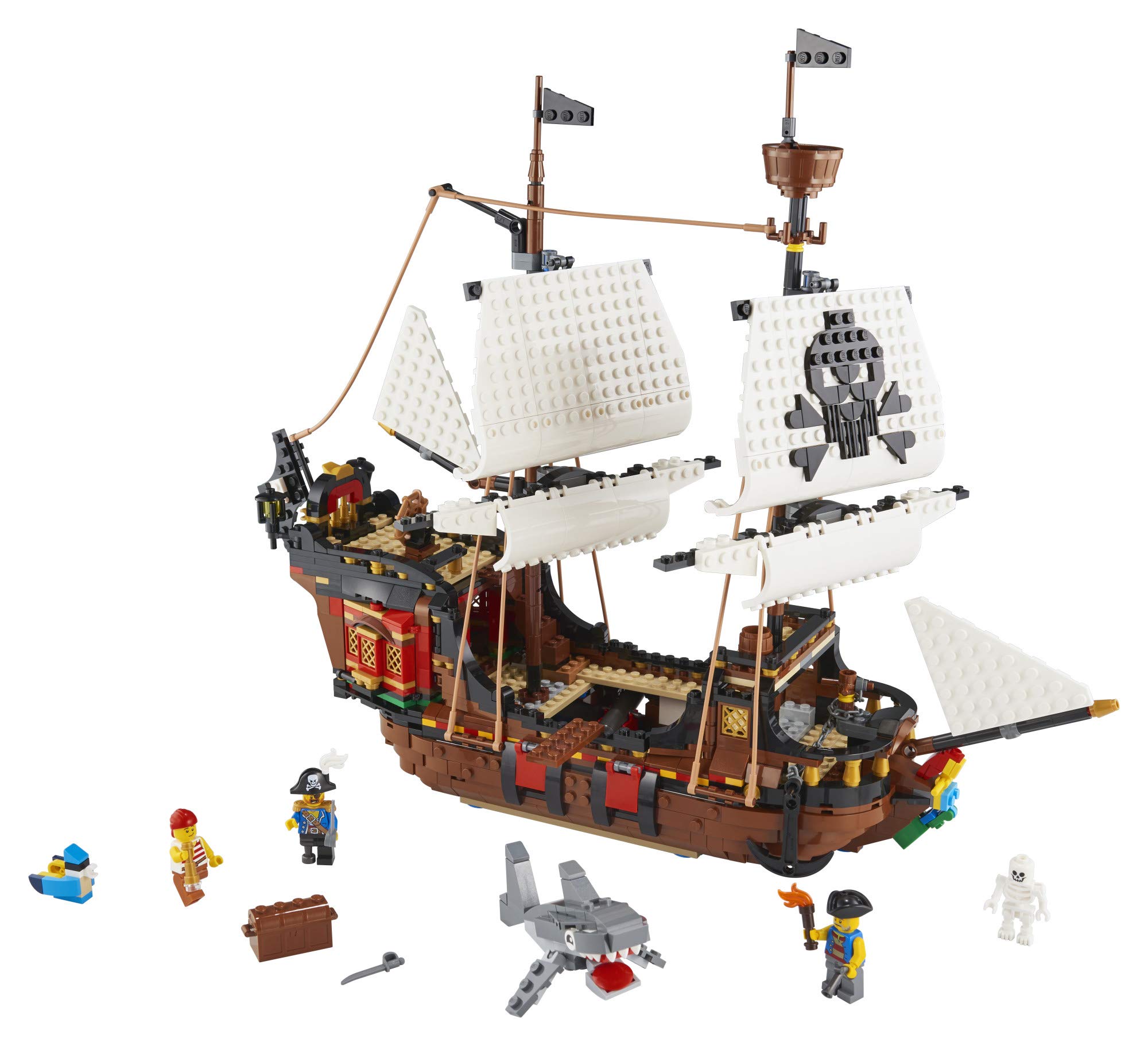 LEGO Creator 3 in 1 Pirate Ship Building Set, Kids can Rebuild The Pirate Ship into an Inn or Skull Island, Features 4 Minifigures and Shark Toy, Makes a Great Gift for Kids Ages 9+ Years Old, 31109