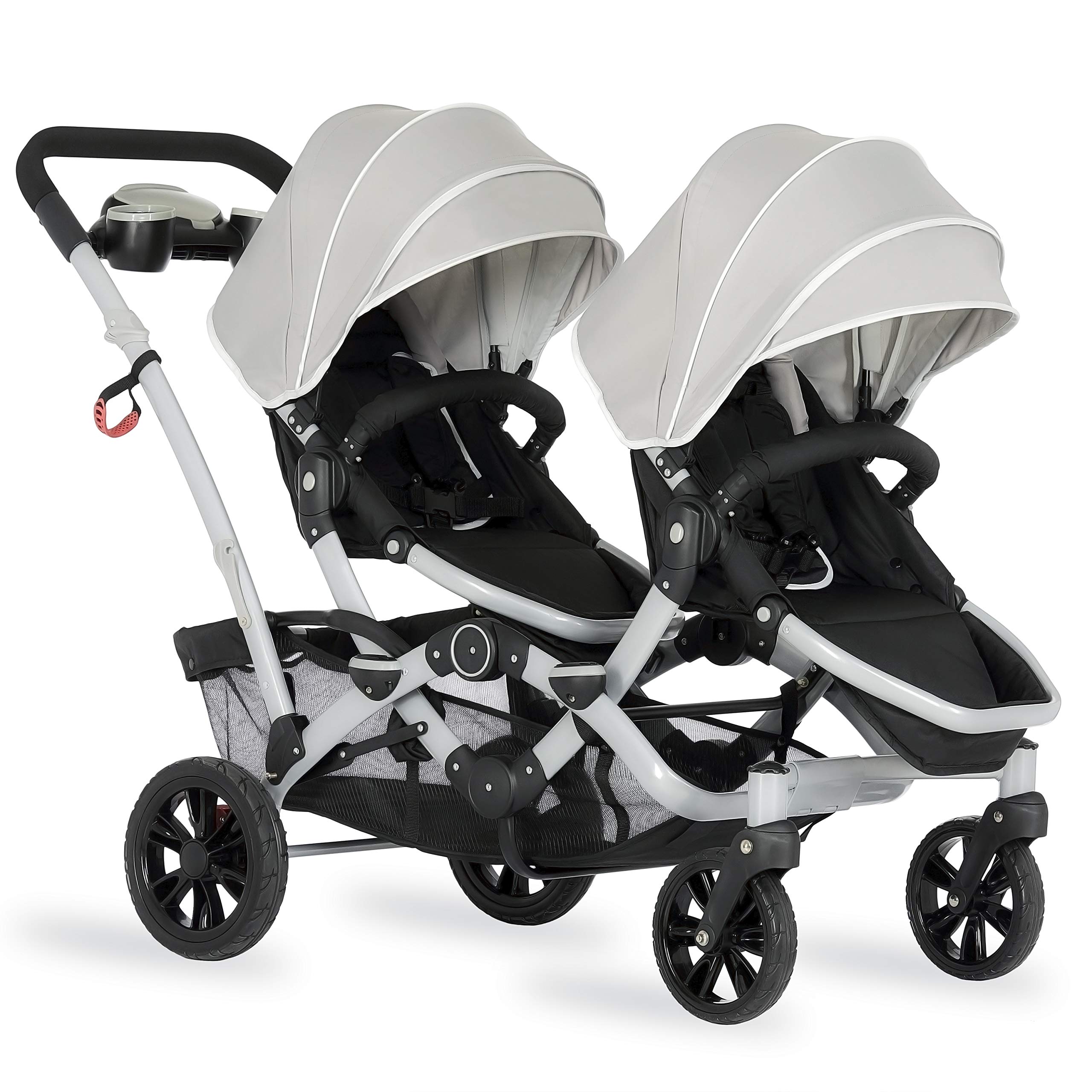 Dream On Me Track Tandem Double Umbrella Stroller in Light Grey, Lightweight Double Stroller for Infant and Toddler, Multi-Position Reversible & Reclining Seats, Large Storage Basket and Canopy