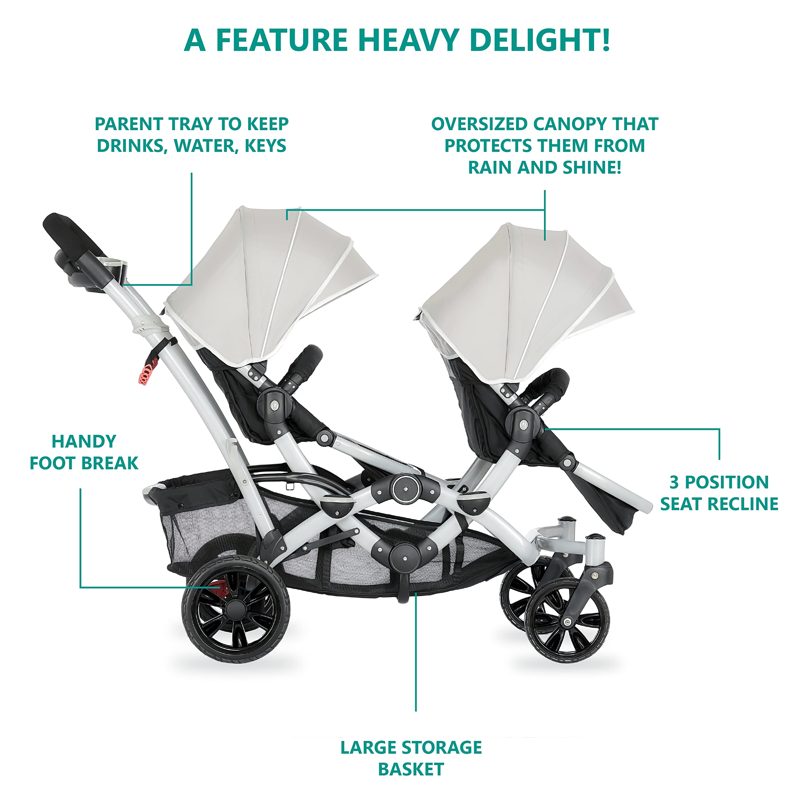 Dream On Me Track Tandem Double Umbrella Stroller in Light Grey, Lightweight Double Stroller for Infant and Toddler, Multi-Position Reversible & Reclining Seats, Large Storage Basket and Canopy