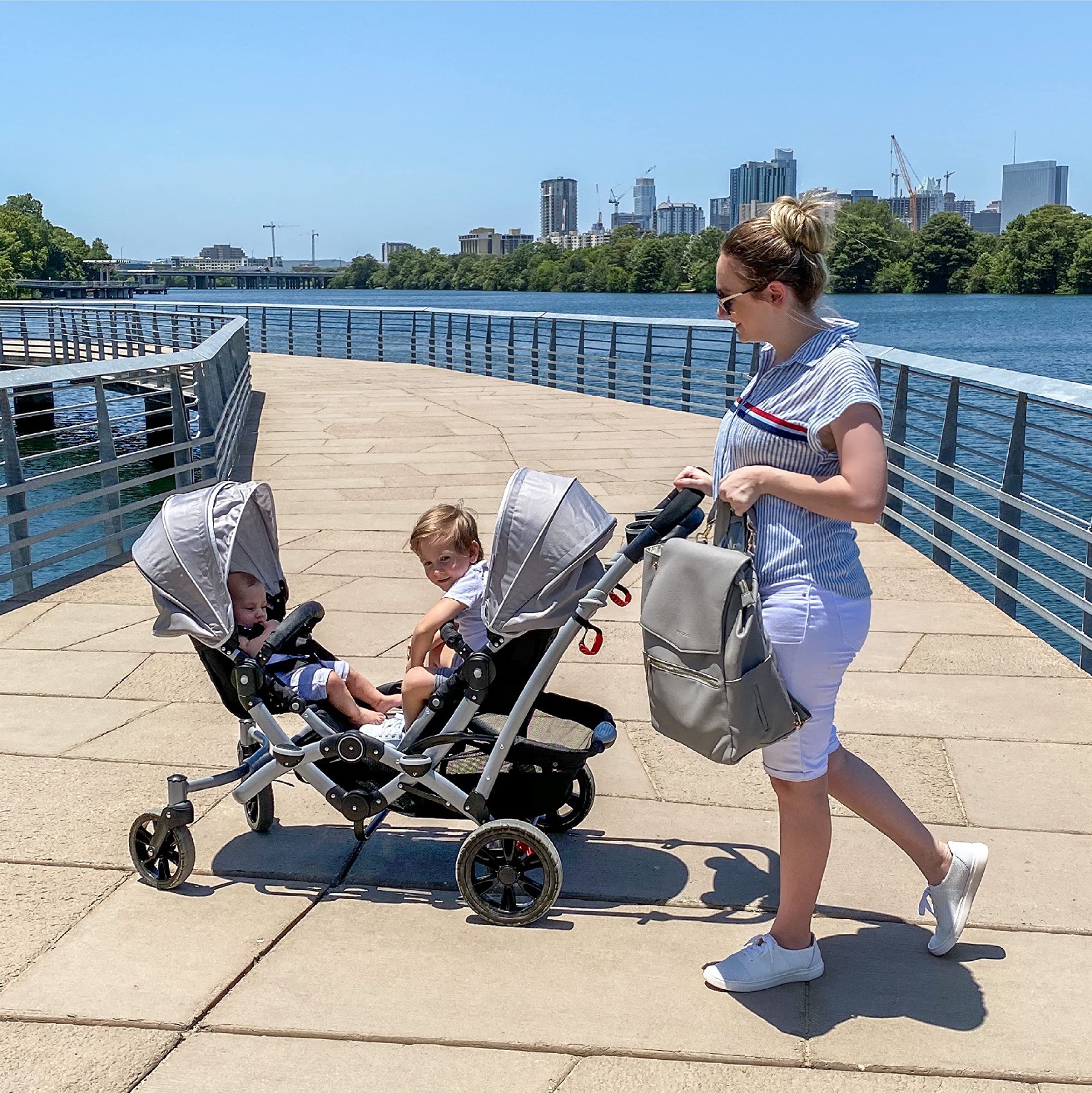 Dream On Me Track Tandem Double Umbrella Stroller in Light Grey, Lightweight Double Stroller for Infant and Toddler, Multi-Position Reversible & Reclining Seats, Large Storage Basket and Canopy