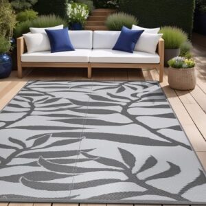 beverly rug floral leaf outdoor rugs 6x9 waterproof reversible plastic straw rug outdoor carpet, outside mat for patio, camping, picnic, porch, deck, rv, beach, pool, grey and white