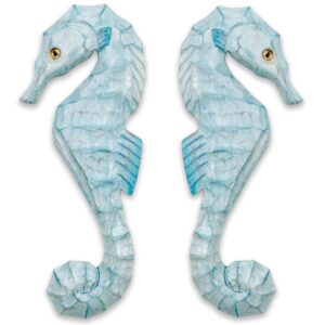 T.I. Design Hand Carved Coastal Seahorses Pair Aqua Beach Sea Life Wall Art