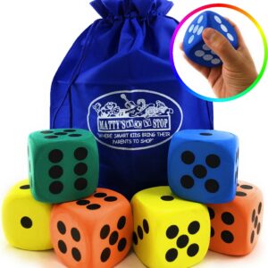 Deluxe Giant 3.15" EVA Foam Dice (Pack of 6) with Bonus Matty's Toy Stop Storage Bag