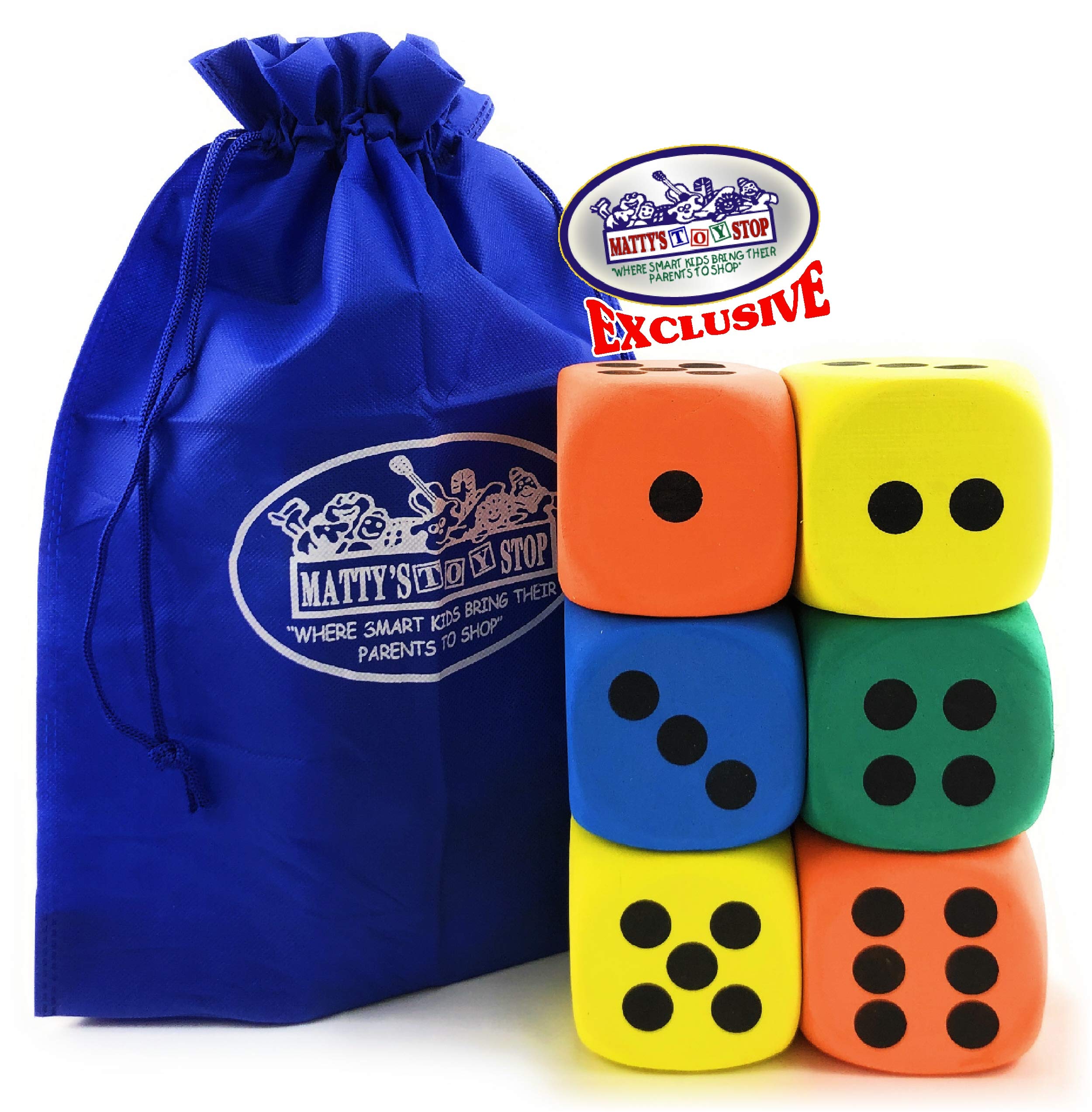 Deluxe Giant 3.15" EVA Foam Dice (Pack of 6) with Bonus Matty's Toy Stop Storage Bag