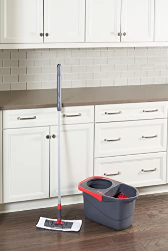 Rubbermaid Microfiber Flat Spin Mop Floor Cleaning System with Wringer Bucket, Red, Flat Floor Mop for Hardwood/Laminate/Vinyl/Tile/Stone Floors