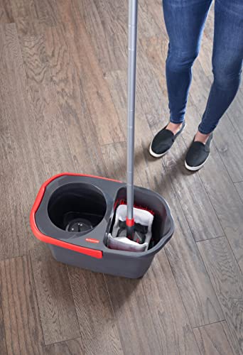 Rubbermaid Microfiber Flat Spin Mop Floor Cleaning System with Wringer Bucket, Red, Flat Floor Mop for Hardwood/Laminate/Vinyl/Tile/Stone Floors