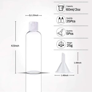 YsesoAi 25Pcs 2 oz Clear Plastic Empty Bottles Travel Containers with Flip Cap for Toiletries Liquids Shampoo Lotion Conditioner (White Cap)