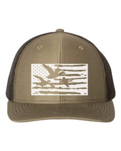 waterfowl trucker hat/duck flag/hunting snapback/white text (loden/black)