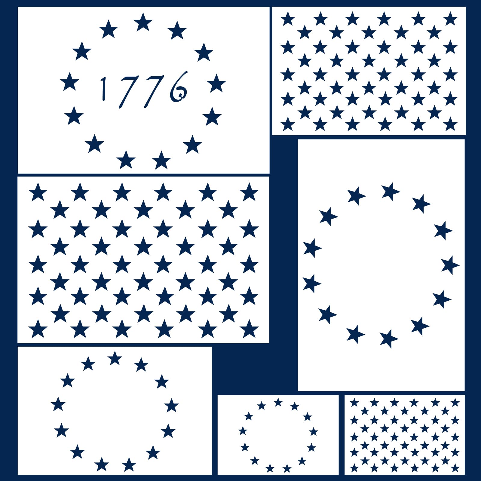 Koogel 7 PCS Plastic Stencil Template, 3 Sizes Star Stencil 50 Stars American Flag and 13 Stars 1776 Template for Independence Day, Painting on Wood Wall Craft Projects