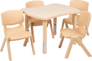 flash furniture 21.875"w x 26.625"l rectangular natural plastic height adjustable activity table set with 4 chairs
