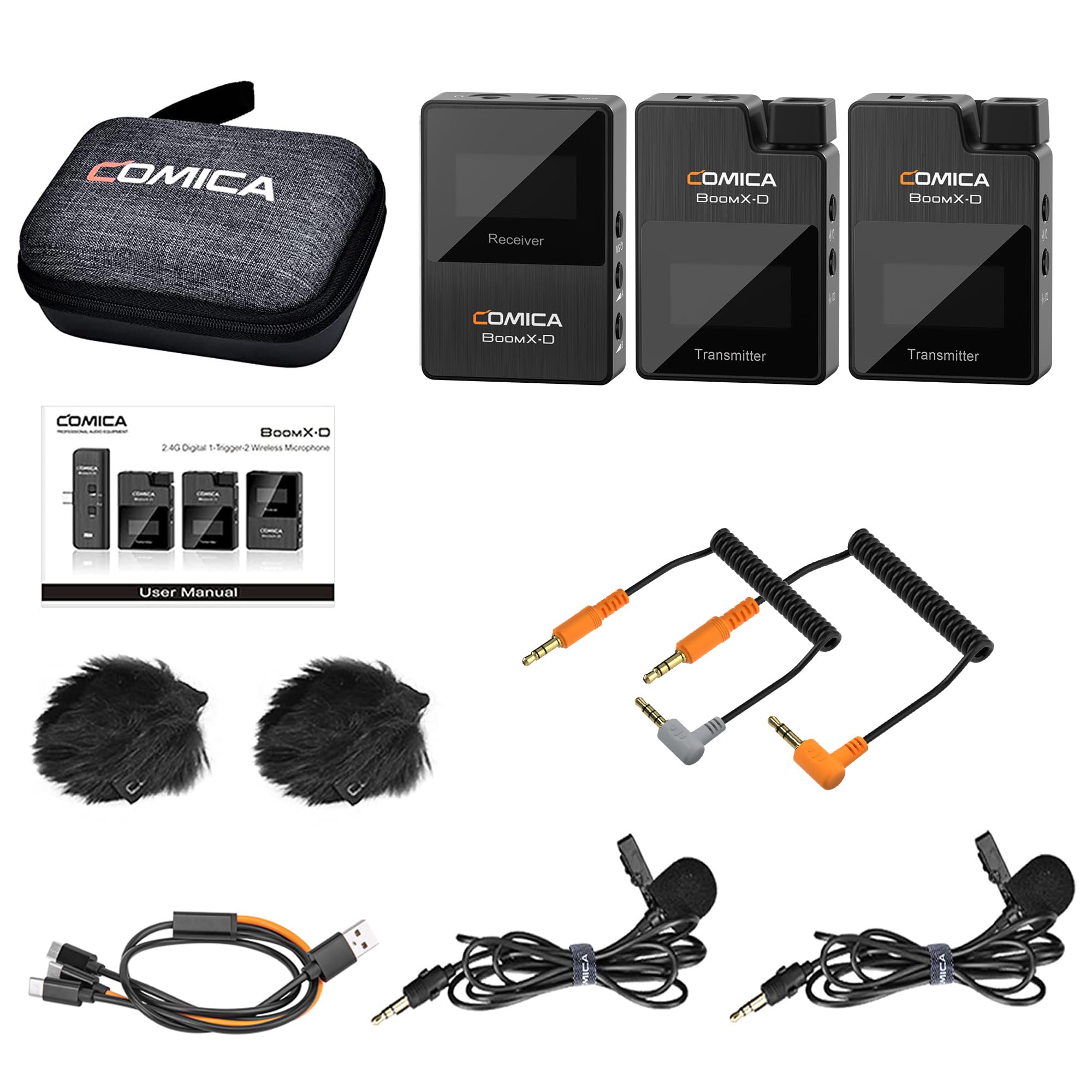 comica Wireless Lavalier Microphone, BoomX-D2 2.4G Compact Wireless Lapel Microphone System with 2 Transmitter and 1 Receiver,Lav Mic for Smartphone Camera Podcast Interview YouTube Facebook Live