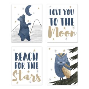 sweet jojo designs woodland bear and owl wall art prints room decor for baby, nursery, and kids - set of 4 - navy blue, grey, gold and black celestial moon star watercolor forest animal